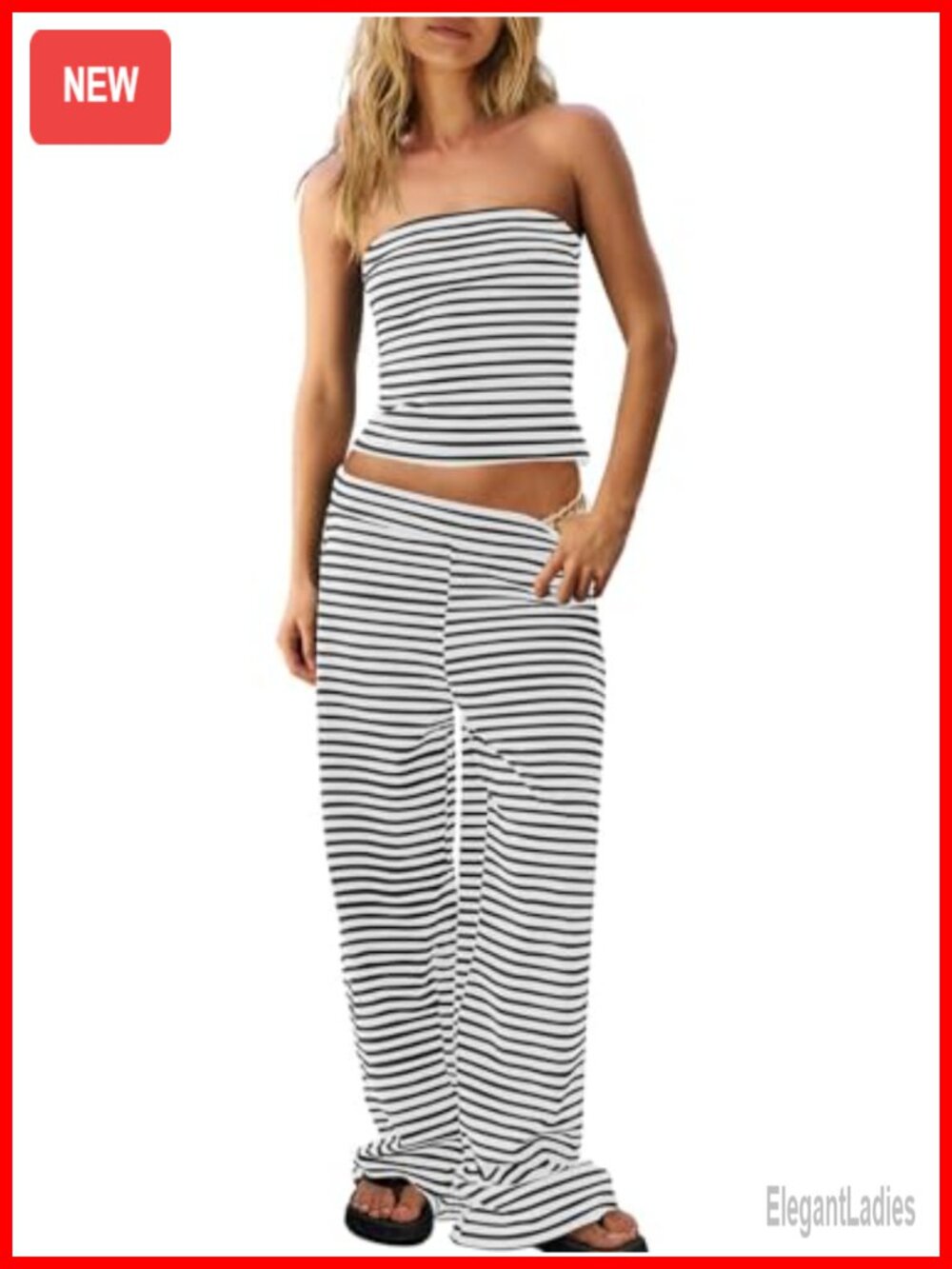 Women's Striped 2 Piece Set Tube Top Wide Leg Pants Matching Outfit Summer